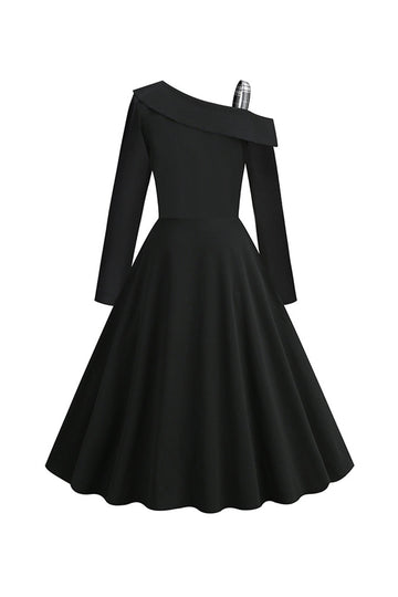 Vestido a cuadros negros de un hombro de estilo retro de la década de 1950